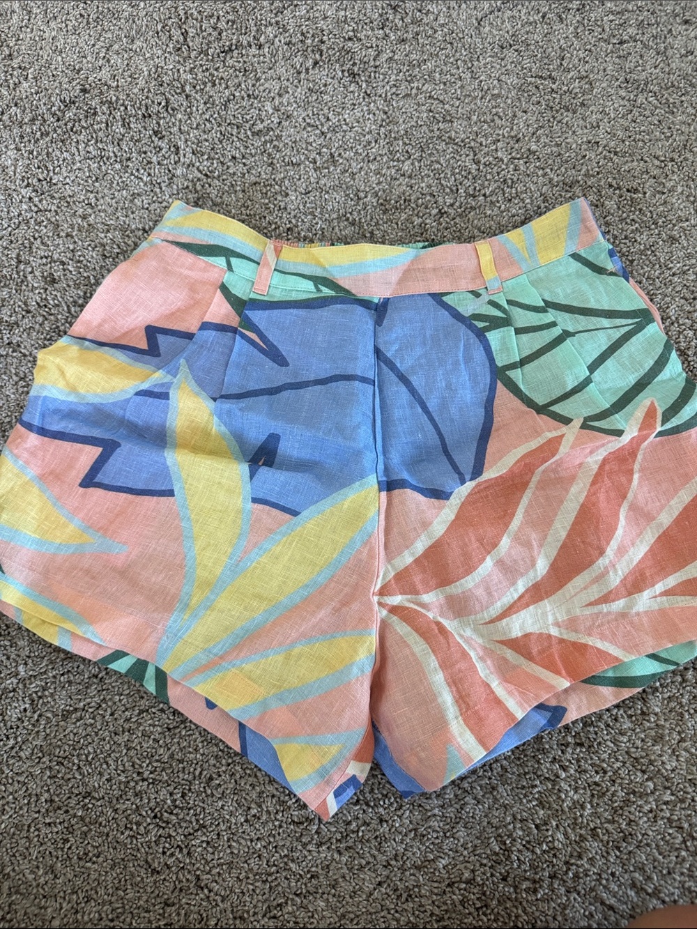 Vitamin A Pastel Tropical Print High-Waist Shorts in Pink, Blue & Yellow